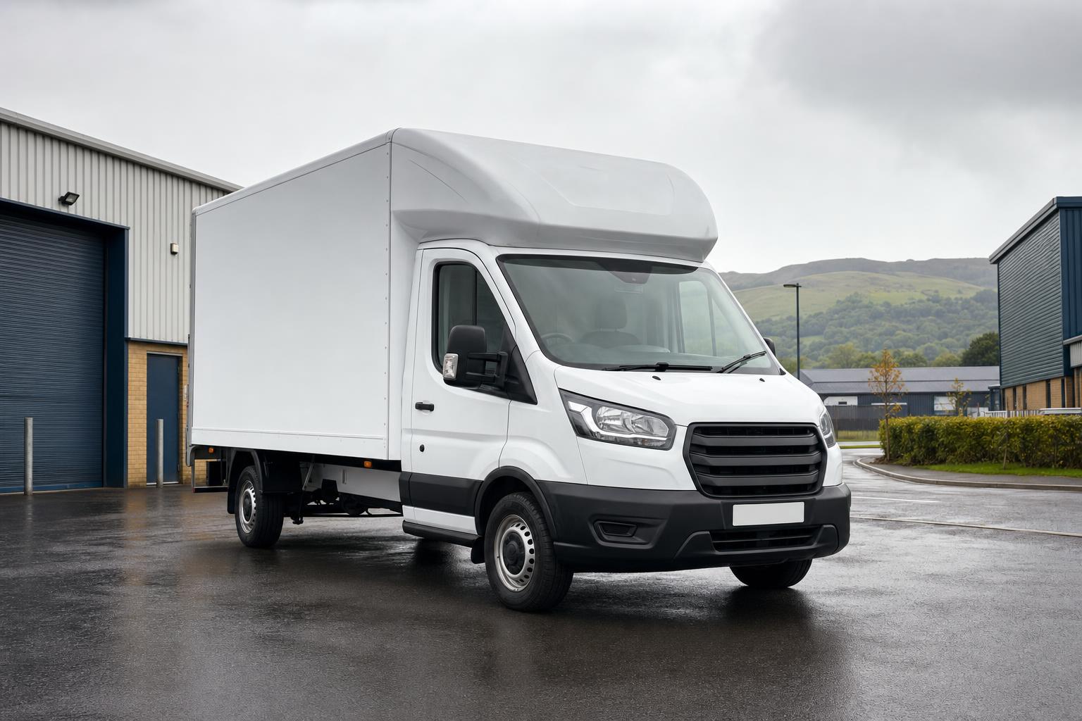 White Luton hire van parked in a tidy industrial estate near Alloa on an overcast day
