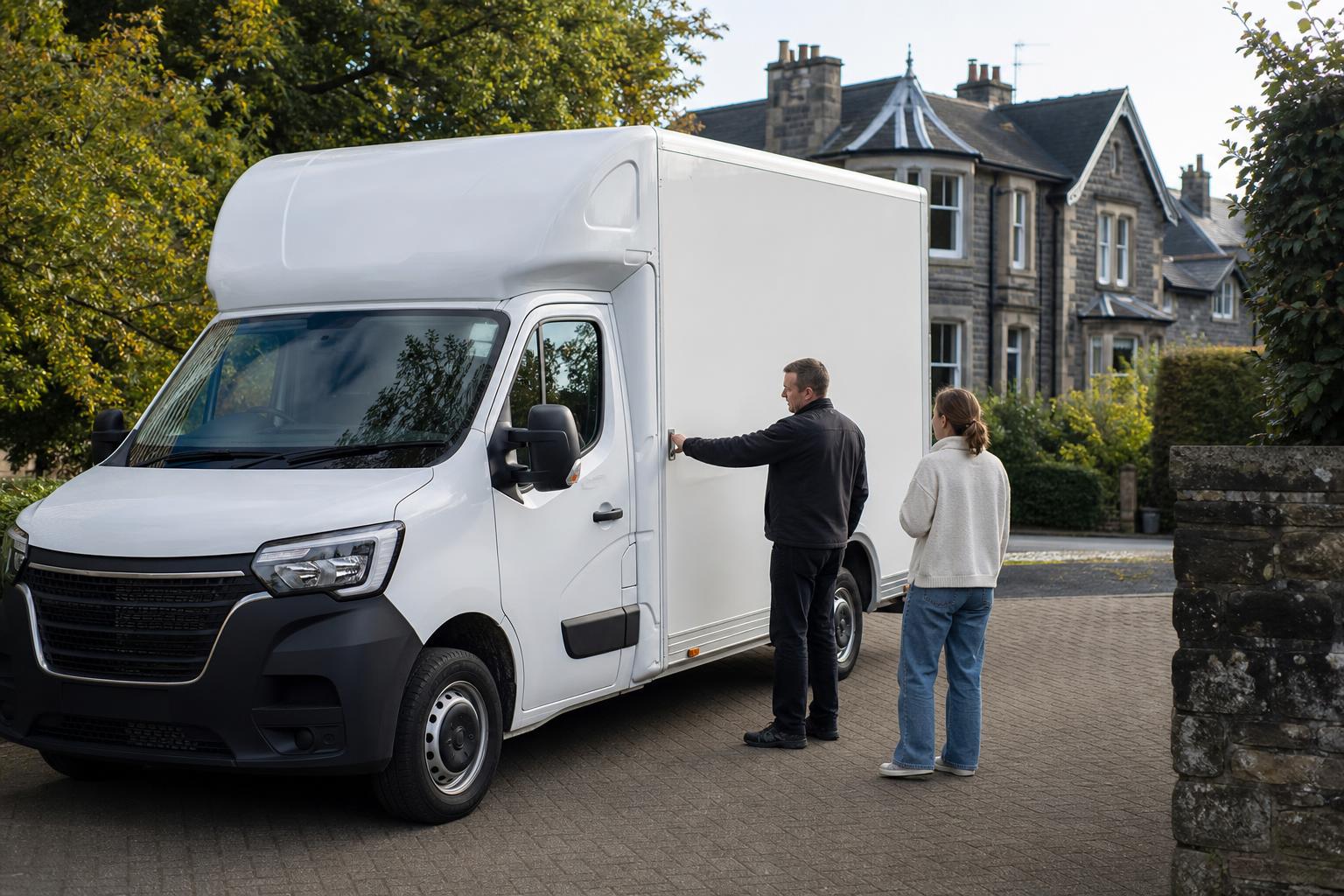 Customer handover beside a white Luton van on a residential driveway in Bridge of Allan