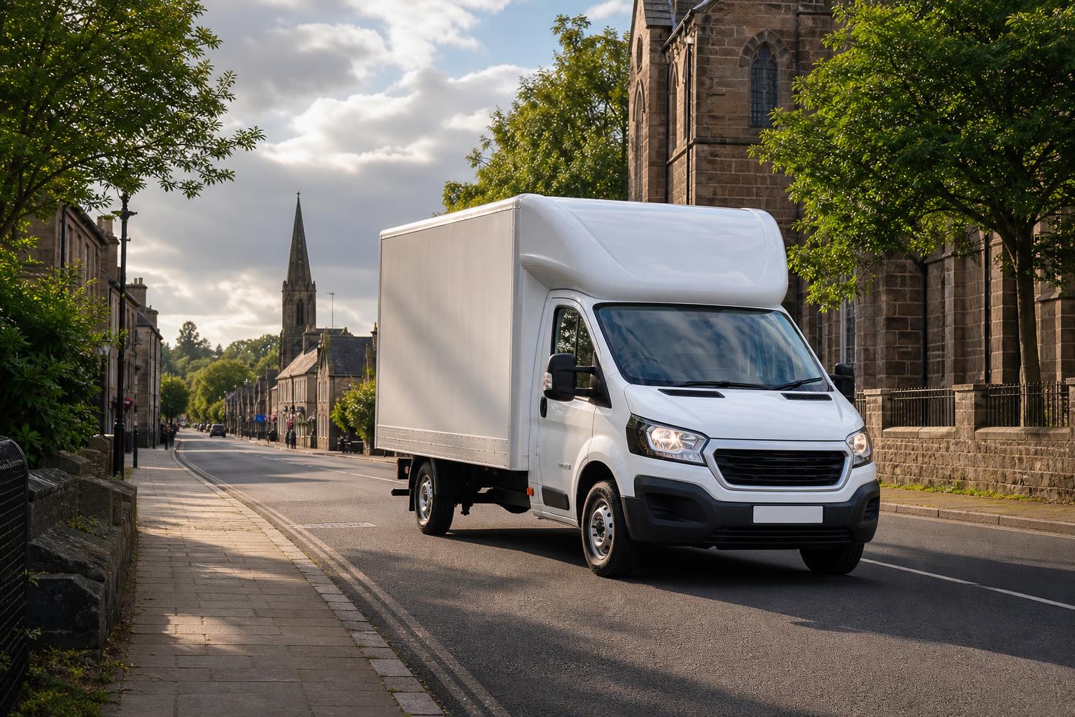 White Luton van travelling along a quiet town street in Dunblane