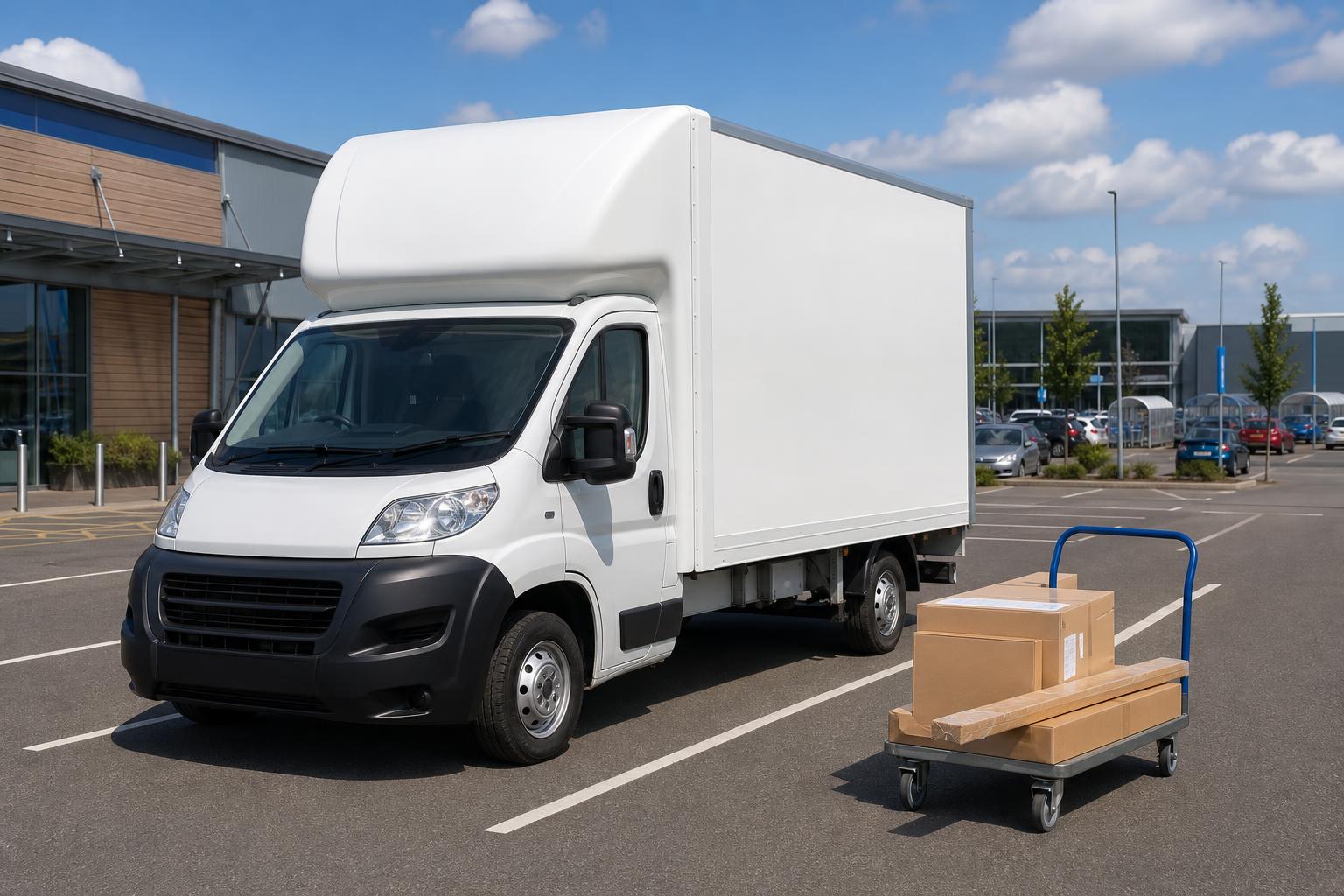 White Luton hire van parked in a retail park car park in Falkirk